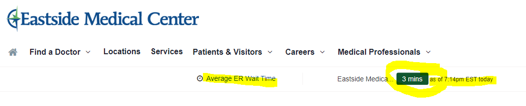 Eastside Medical Center ER wait times on 11/26/2020 at 7:14 pm