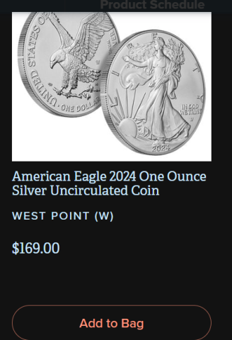 Silver Dollar On US Mint Website is at $169 per coin/ounce